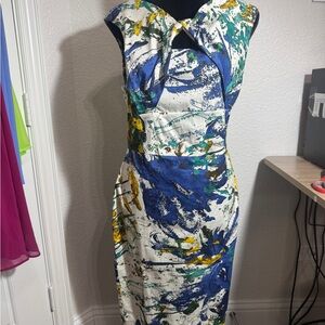 Made in Italy. Elegant Blue and Green Abstract Midi Dress